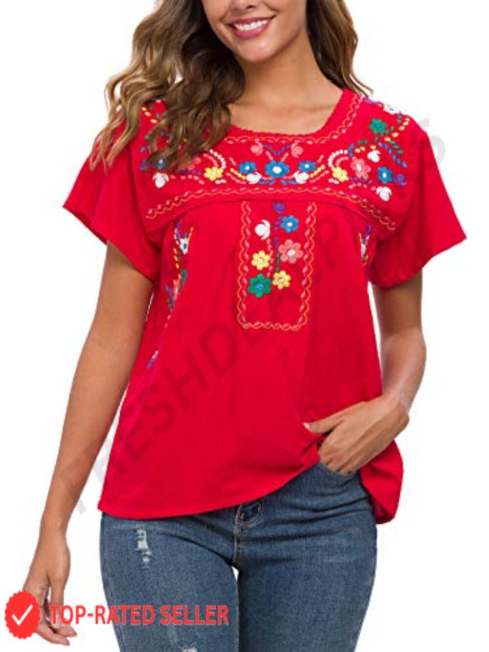 Women's Embroidered Peasant Blouse 100% Cotton Short Sleeve Summer Top